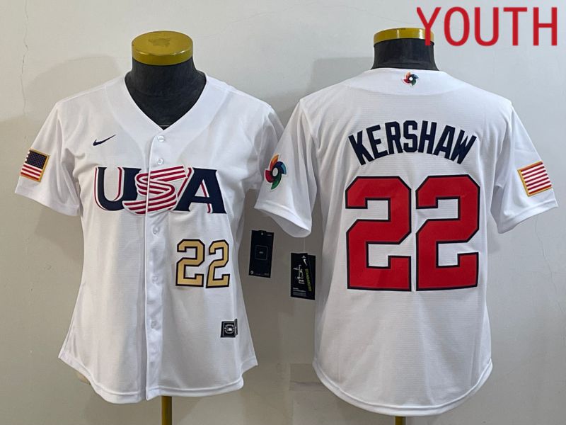 Youth 2023 World Cub USA #22 Kershaw White MLB Jersey7